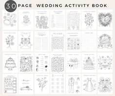 the wedding activity book is shown in black and white, with images of different items on it