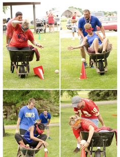 four pictures of people playing with cones in the park