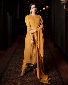 Aarti Ravi, Mustard Yellow Outfit, Leather Shorts Outfit, Haldi Dress, Yellow Kurta, Indian Salwar Suit, Latest Designer Sarees, Royal Dresses, Sleeves Designs For Dresses