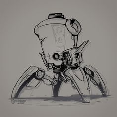 a black and white drawing of a robot holding a beer bottle on it's back