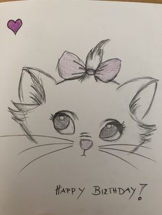 a drawing of a cat with a bow on its head that says happy birthday 7