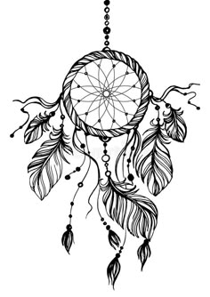 a black and white drawing of a dream catcher