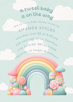 a baby shower is on the way with an image of a rainbow in the sky