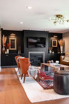 a living room filled with furniture and a fire place in the middle of a room