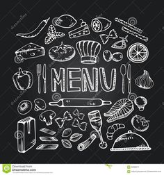 the word menu drawn in chalk on a blackboard with different types of food and drinks