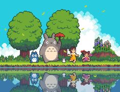 pixel art with animals and people standing on the edge of a lake in front of trees