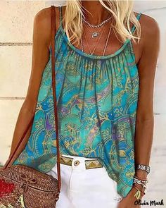 Color: green, Size: M Casual Printed Cami Tank Top, Printed Tank Top For Beach, Trendy Green Top With Colorful Pattern, Trendy Green Tops With Colorful Pattern, Green Casual Cami Tank Top, Casual Blue Printed Tank Top, Green Cami Tank Top, Sleeveless Printed Tops For Festivals, Casual Printed Camisole