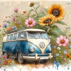 a painting of a vw bus parked in front of flowers and newspaper pages with sunflowers