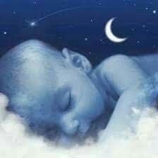 a painting of a sleeping baby in the sky with stars and crescents above it