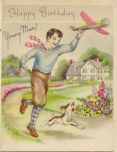 an old fashioned birthday card with a boy and his dog chasing a toy plane on the ground