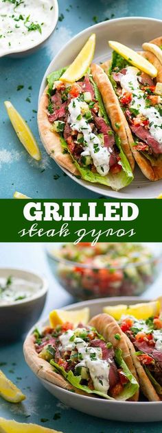 grilled steak and avocado pita sandwiches are served with lemon wedges