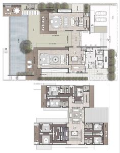 two floor plans for a house with swimming pool in the middle and an outdoor area