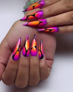 Funky Nail Designs, Retro Nails, Art Deco Nails, Gel Nail Art Designs, Airbrush Nails, Fancy Nails Designs, Pointed Nails, Dope Nail Designs, French Acrylic Nails