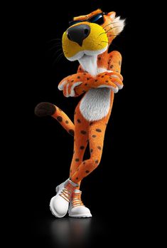 a cartoon character in an orange and black outfit with his arms crossed, standing on one leg