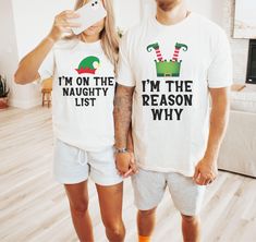 Are you looking for a funny Christmas shirt set for couples? This beautiful t-shirt set, with a trendy design, is meant to bring some fun into your life every time you will wear these tees, on Christmas eve and beyond. If you know a couple who would love to wear these trendy matching shirts for Christmas, this would make a great gift for them.  Check out more unique and funny designs in our shop, including more matching couple shirts: https://www.etsy.com/shop/AllTheHappyDesigns?ref=seller-platf Christmas Couple Tshirts, Couple Matching Christmas Shirts, Funny Couples Christmas Shirts, Funny Christmas Couple Shirts, His And Her Christmas Shirts, Christmas Couple Shirts, Couples Christmas Shirts, Christmas Couple Outfits, Christmas Tshirt Ideas