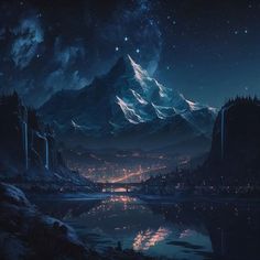 the night sky is lit up with stars and lights in the mountains, reflecting on the water