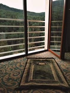 an area rug on the floor in front of two large windows with mountain view outside