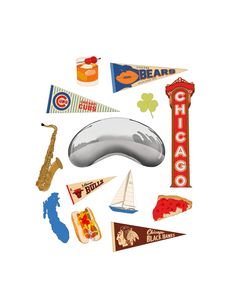 the chicago sign is surrounded by various items