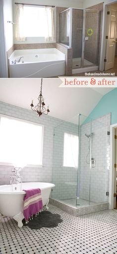 before and after pictures of a bathroom remodel with tub, shower, sink