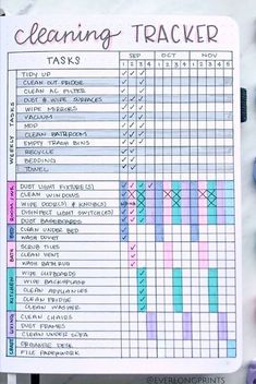 a planner with the words cleaning tracker written in pink and blue on top of it