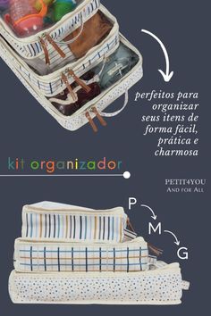 an open suitcase sitting on top of a blue floor next to another bag with the words kit organizado