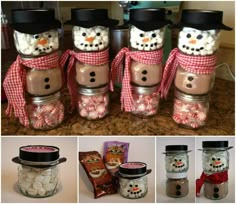 there are many snowman jars with candy in them