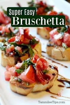 small bruschetta on a white plate with text overlay