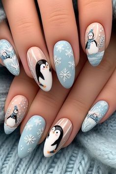 Christmas Gel Nails Designs Winter, Penguin Nails, Classy Nail Art Ideas, Nail Art Noel, Christmas Nails Easy, Nails Aesthetic, Nails Winter, Christmas Nail Art Designs, Winter Nail Art