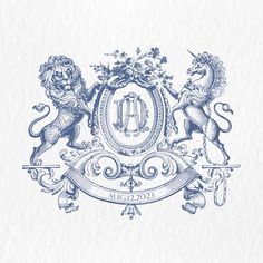 a blue and white drawing of two lions on top of a shield with the letter m