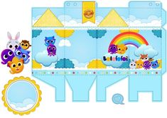 an open box with cut out animals and clouds in the sky, including rainbows