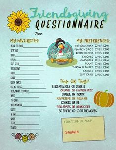 a thanksgiving question sheet with a turkey and a sunflower on it's side