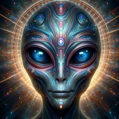 an alien head with blue eyes surrounded by stars