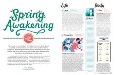 an article in the magazine is shown with illustrations on it and text that reads, spring awake