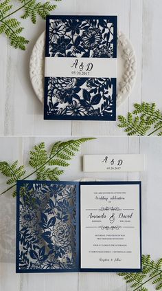 the wedding stationery is made with navy and white paper, which are accented with greenery