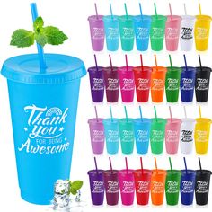 many different colored plastic cups with straws and mint leaves on them, all labeled thank you for being awesome