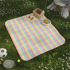 a picnic blanket with food on it sitting in the grass next to a tennis racket