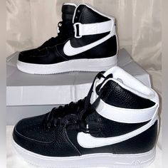 Black And White Mens 9.5 High Top Air Forces Never Been Worn. The Box Is A Little Damaged But I Still Have The Box If Wanted, High Top Air Forces, Air Force 1 High Top, Air Force 1 High Tops, High Top Air Force, Shoes Air Force, Nike Shoes Air, Nike Shoes Air Force, Air Force 1 High, Air Forces