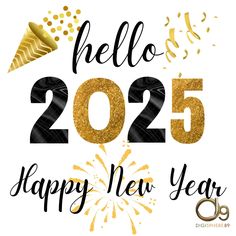 a happy new year card with the words hello 2055 and gold confetti