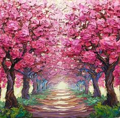 an oil painting of trees with pink flowers on them