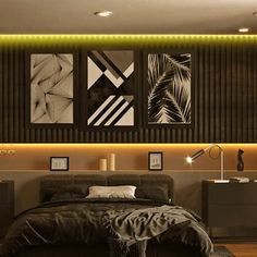 a modern bedroom with black and white decor