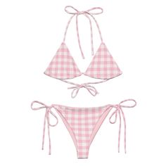 Pink Gingham String Bikini Cute Pink Swimsuit, Light Pink Bathing Suit, Kawaiicore Outfit, Aesthetic Bikinis, Swin Suits, Island Party, Summer Board, Pink Bathing Suits, Crochet Swim