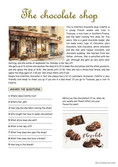 Easy reading - The chocolate shop fi…: English ESL worksheets pdf & doc English Lessons Worksheets, English Classroom Posters, Esl Reading Comprehension, Esl Reading, Reading Comprehension Lessons, English Teaching Materials, English Activities For Kids, English For Beginners, Kids English