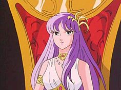 an anime character with long purple hair standing in front of a red chair and looking at the camera