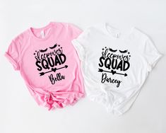 Our personalised sleepover squad t-shirts are the perfect accessory for your pamper party or sleepover! The cotton t-shirts are available in 6 different colours and sizes 3-4 to 14-15 (please see the size chart in the listing photos). Each t-shirt features the sleepover squad design and is personalised with a name! ❤️How to order❤️ Pick your t-shirt colour from the drop down menu Pick your t-shirt size from the drop down menu Add the names to the add personalisation field Place your order! Pleas White Crew Neck T-shirt For Sleepover, Birthday Squad Pajamas, Crew Neck T-shirt For Summer Sleepovers, Cute Graphic Print T-shirt For Sleepover, Playful Cotton T-shirt For Sleepovers, Sleepover Squad, Slumber Party Favors, The Sleepover, Shirt Colour