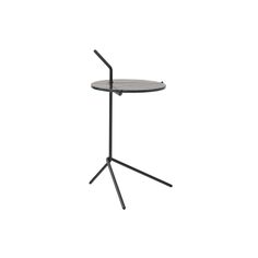 a small table with two black legs and a round top, on a white background