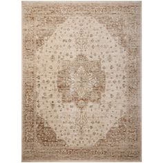 an antique style rug in beige and brown tones with medallions on the center piece