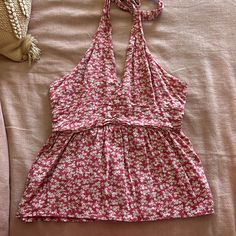 Worn Once. Brand New Condition. Cute Red Tops For Vacation, Red Halter Neck Summer Top, Red Halter Neck Top For Day Out, Casual Red Halter Neck Top, Red Floral Print Summer Tops, Cute Red Floral Print Tops, Babydoll Tank Top, Lace Up Tank Top, Boho Tank Top