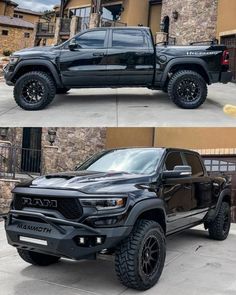 the front and side view of a black truck