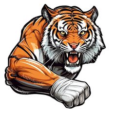 an image of a tiger mascot with his arm out and it's mouth open