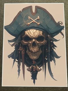 a skull wearing a pirate's hat with two swords on his head and one eye open